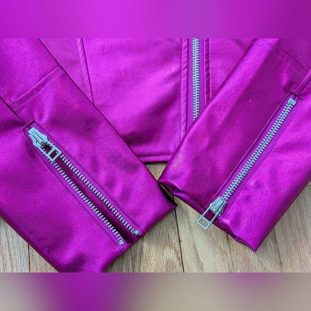7 For All Mankind NWT Metallic Hot Magenta Pink Moto Jacket - Picture 3 of 12
